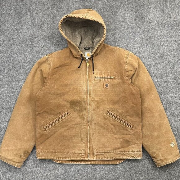 Vtg Carhartt Jacket Mens Large Brown Canvas Hooded Sherpa Lined Sierra J141 BRN